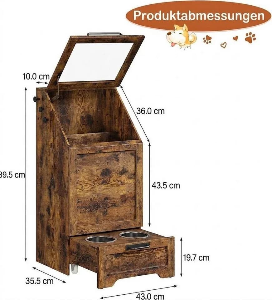 GarveeMore Futterstation Futterschrank Hunde mit 2 Edelstahlnäpfen Braun - Bild 3