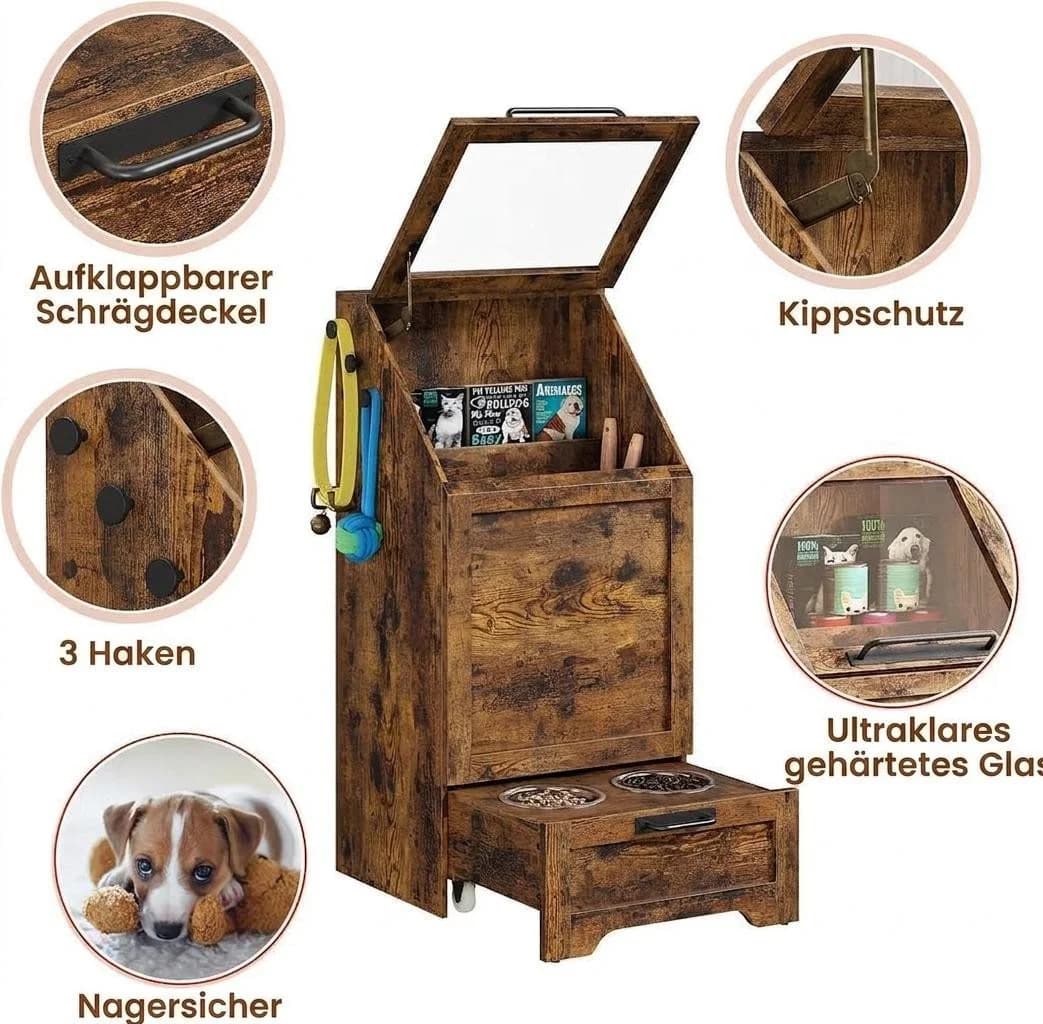 GarveeMore Futterstation Futterschrank Hunde mit 2 Edelstahlnäpfen Braun - Bild 4