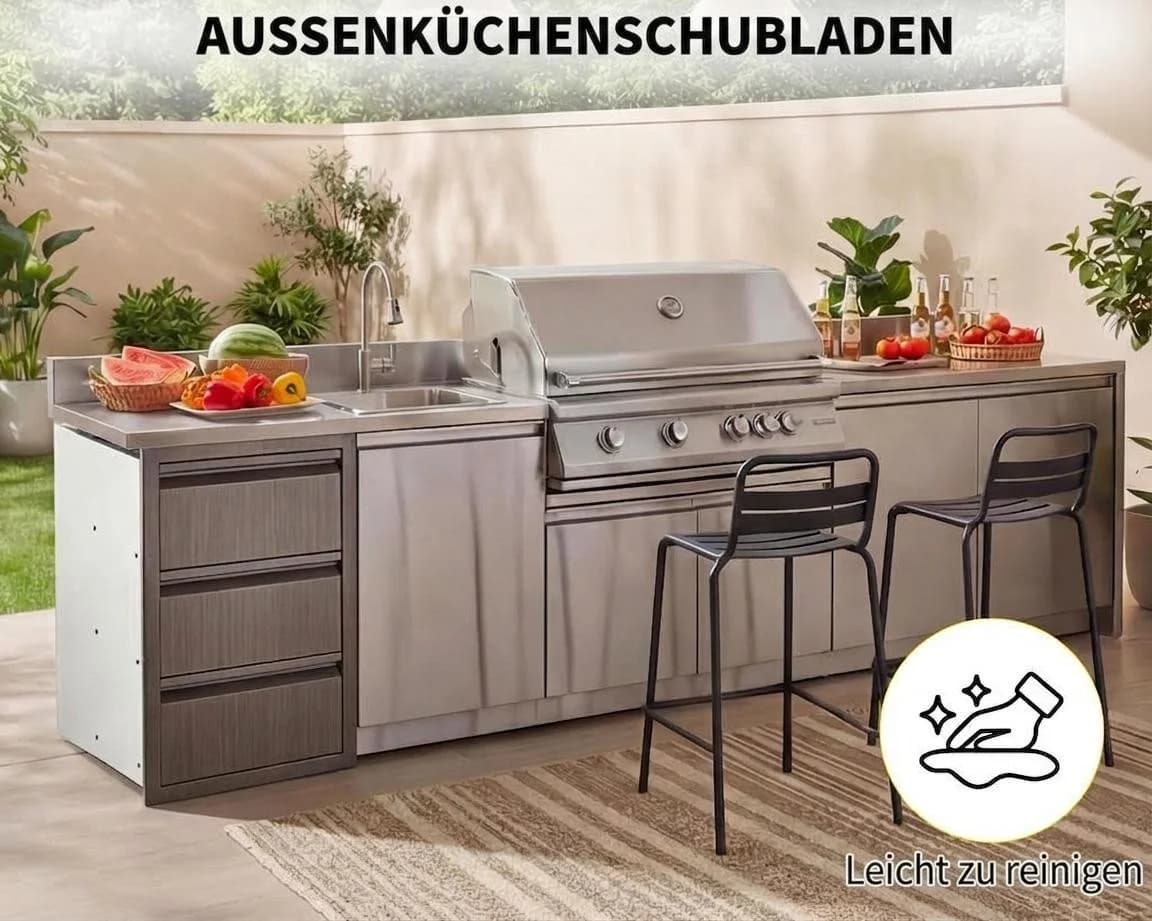 GarveeMore Unterschrank Edelstahl 3 Schubladen & Tür