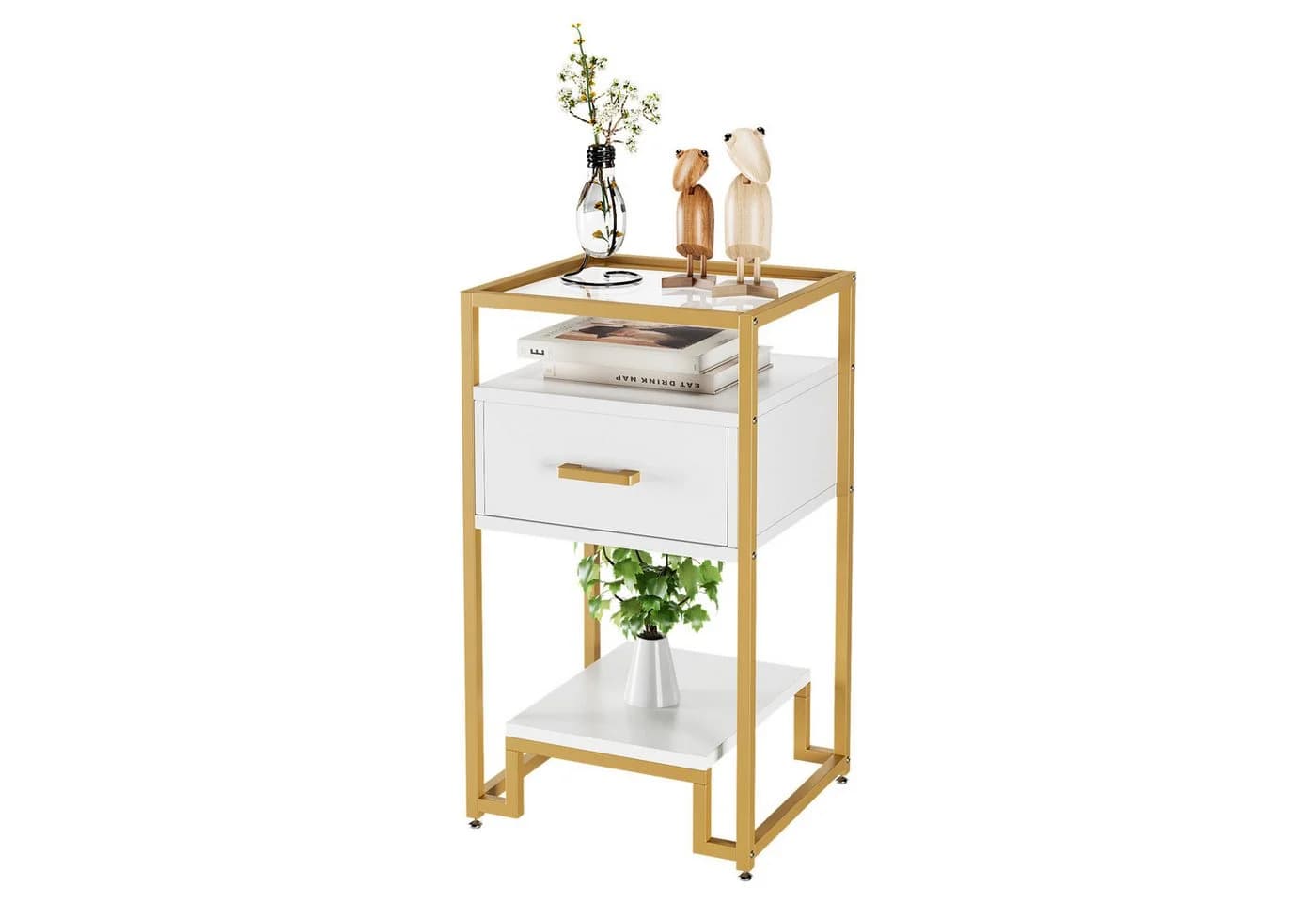 GarveeMore Nachttisch schmal Beistelltisch Gold/Weiß - Bild 2
