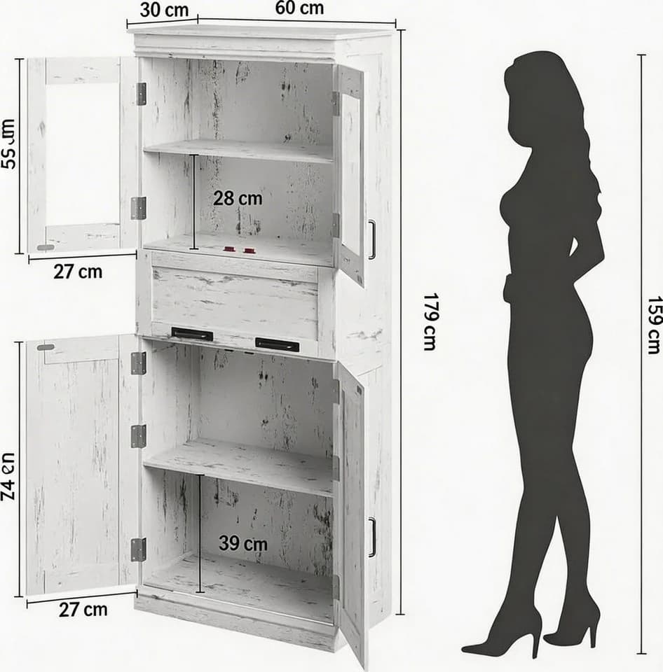 GarveeMore Hochschrank Weiß mit Glastüren und Schubladen - Bild 3