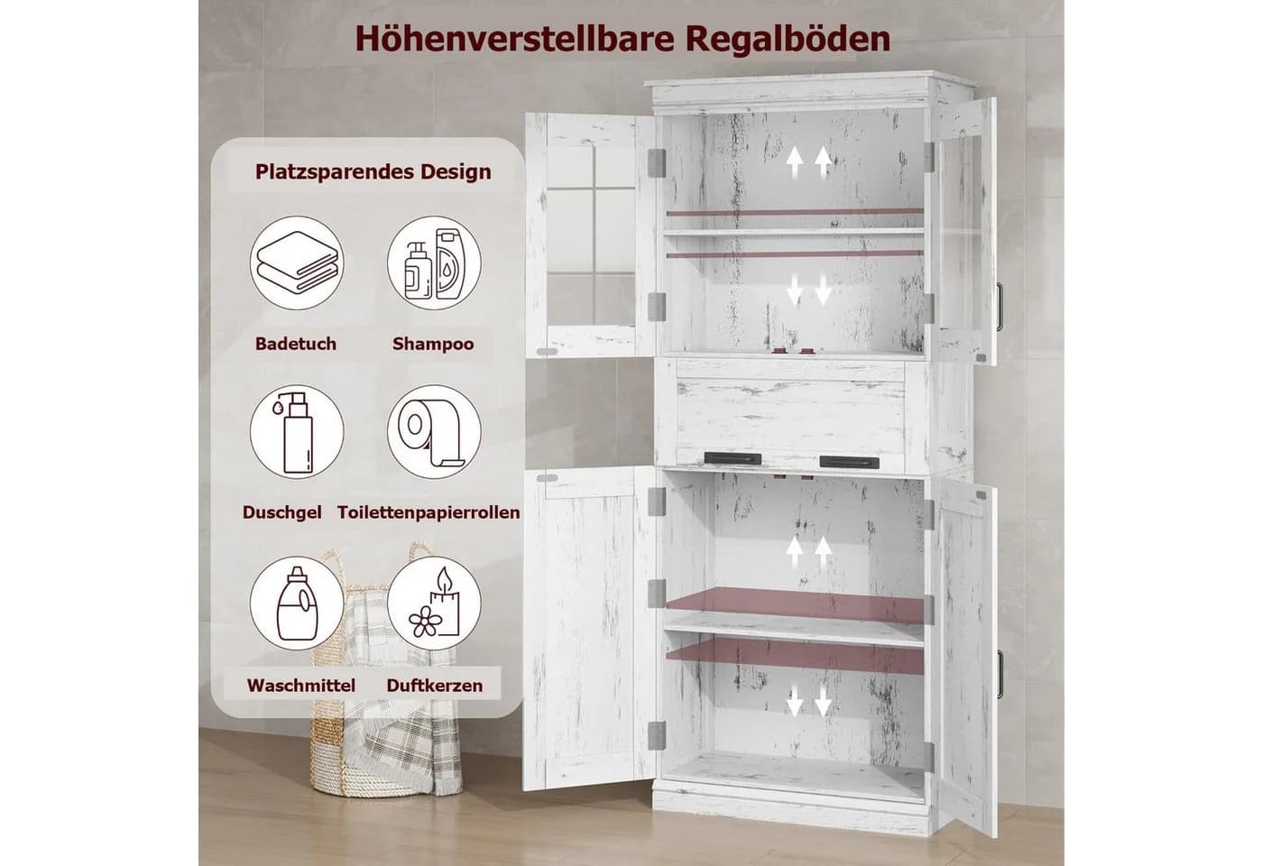 GarveeMore Hochschrank Weiß mit Glastüren und Schubladen - Bild 4