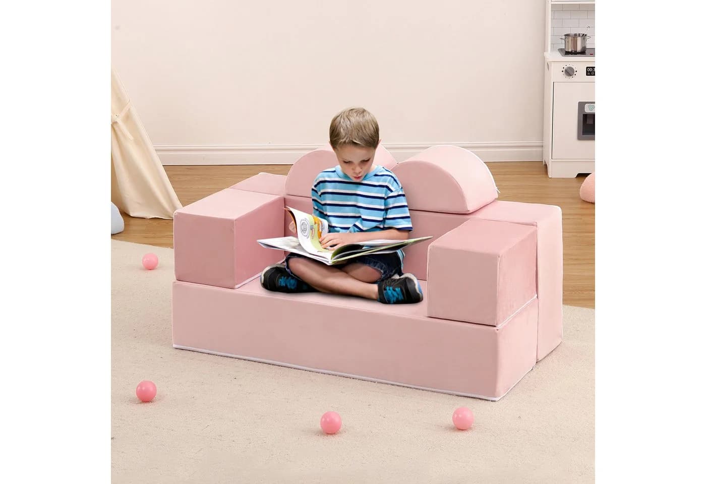 GarveeMore Kindersofa 6-teilig Rosa Modulare Spielcouch