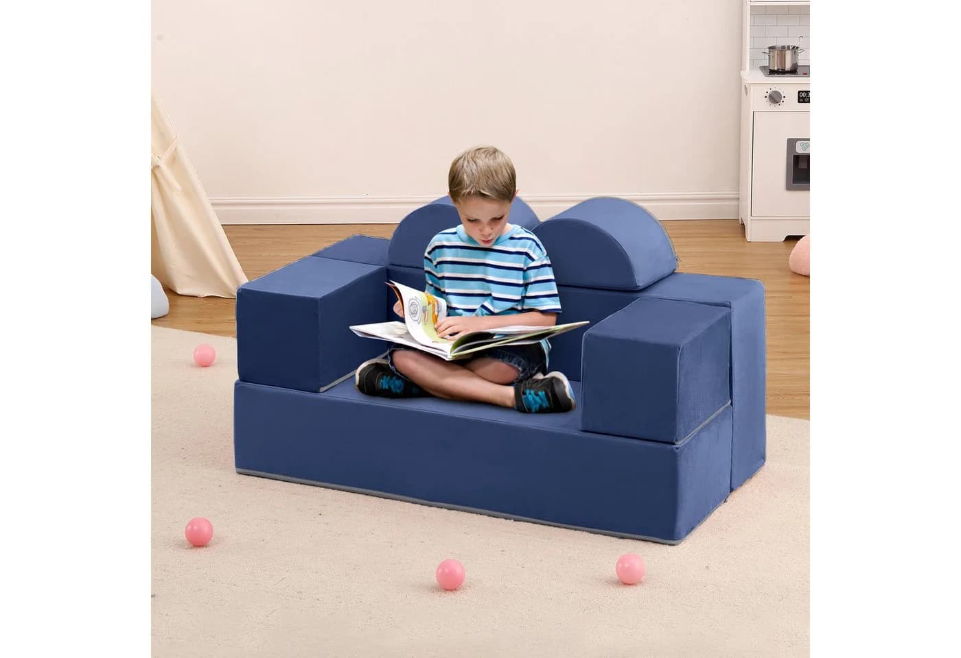 GarveeMore Kindersofa 6-teilig Modulare Spielcouch Blau