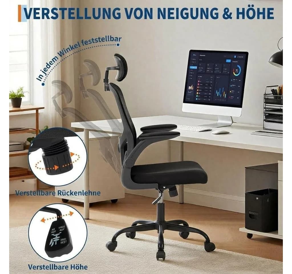 GarveeMore Bürostuhl Ergonomischer mit erstellbare Lendenwirbelstütze und Kopfstütze, Home-Office-Stuhl, Gaming-Stuhl mit hoher Rückenlehne aus Netzstoff - Bild 3