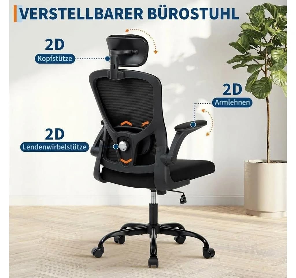 GarveeMore Bürostuhl Ergonomischer mit erstellbare Lendenwirbelstütze und Kopfstütze, Home-Office-Stuhl, Gaming-Stuhl mit hoher Rückenlehne aus Netzstoff - Bild 4