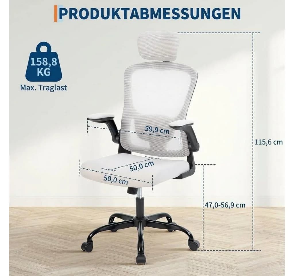 GarveeMore Bürostuhl Ergonomisch mit Lendenwirbelstütze und Kopfstütze, Home-Office-Stuhl, Gaming-Stuhl mit hoher Rückenlehne aus Netzstoff