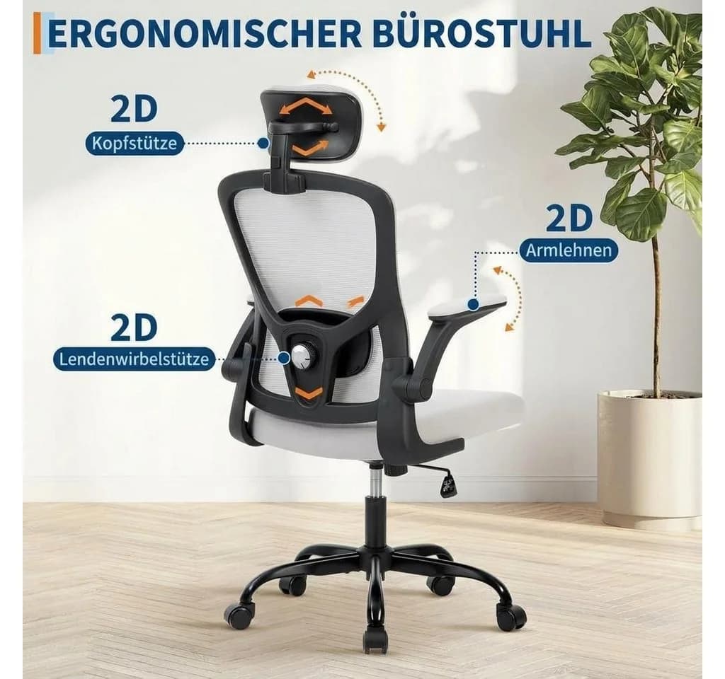 GarveeMore Bürostuhl Ergonomisch mit Lendenwirbelstütze und Kopfstütze, Home-Office-Stuhl, Gaming-Stuhl mit hoher Rückenlehne aus Netzstoff - Bild 4