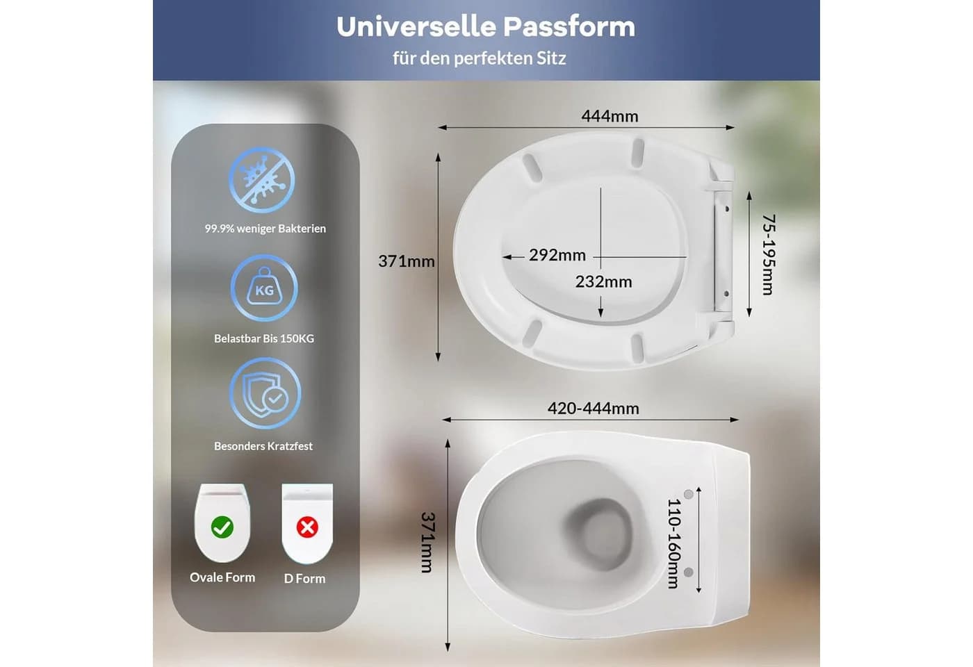 GarveeMore WC-Sitz einfache Montage, Toilettendeckel mit Absenkautomatik, Klodeckel mit Quick-Release-Funktion, Klobrille aus antibakteriellem Kunststoff