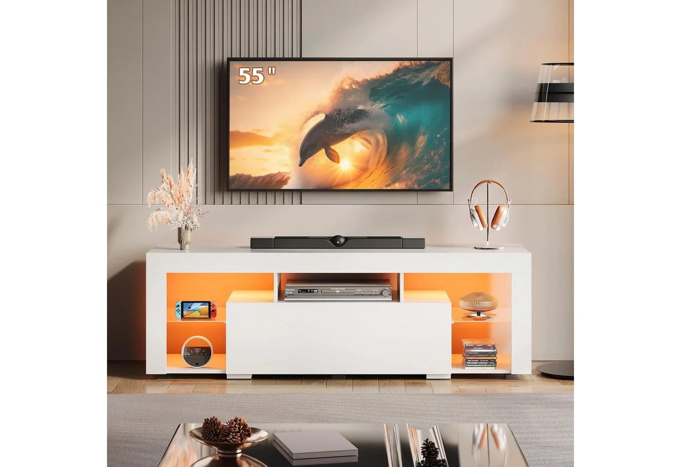 WLIVE TV-Schrank 135 cm Lowboard mit RGB-LED für Fernseher bis 70 Zoll, Weiß