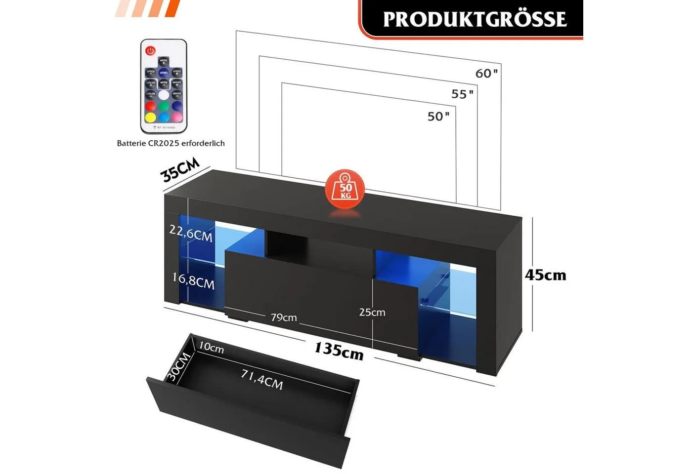 WLIVE TV-Schrank 135 cm Lowboard mit RGB-LED für Fernseher bis 70 Zoll Schwarz - Bild 3