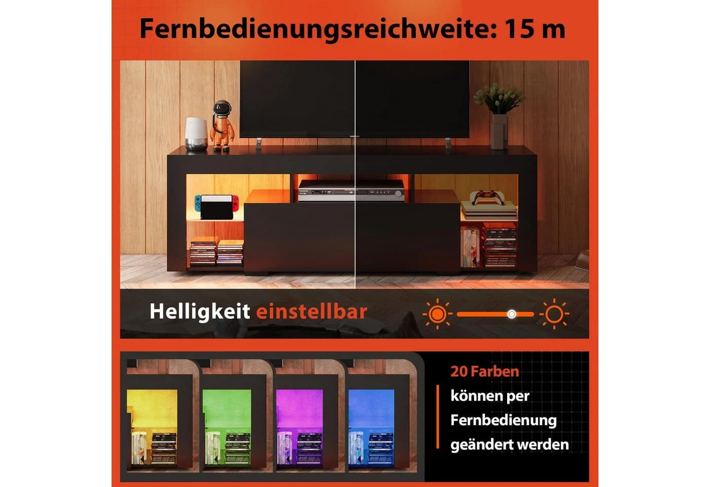 WLIVE TV-Schrank 135 cm Lowboard mit RGB-LED für Fernseher bis 70 Zoll Schwarz - Bild 4