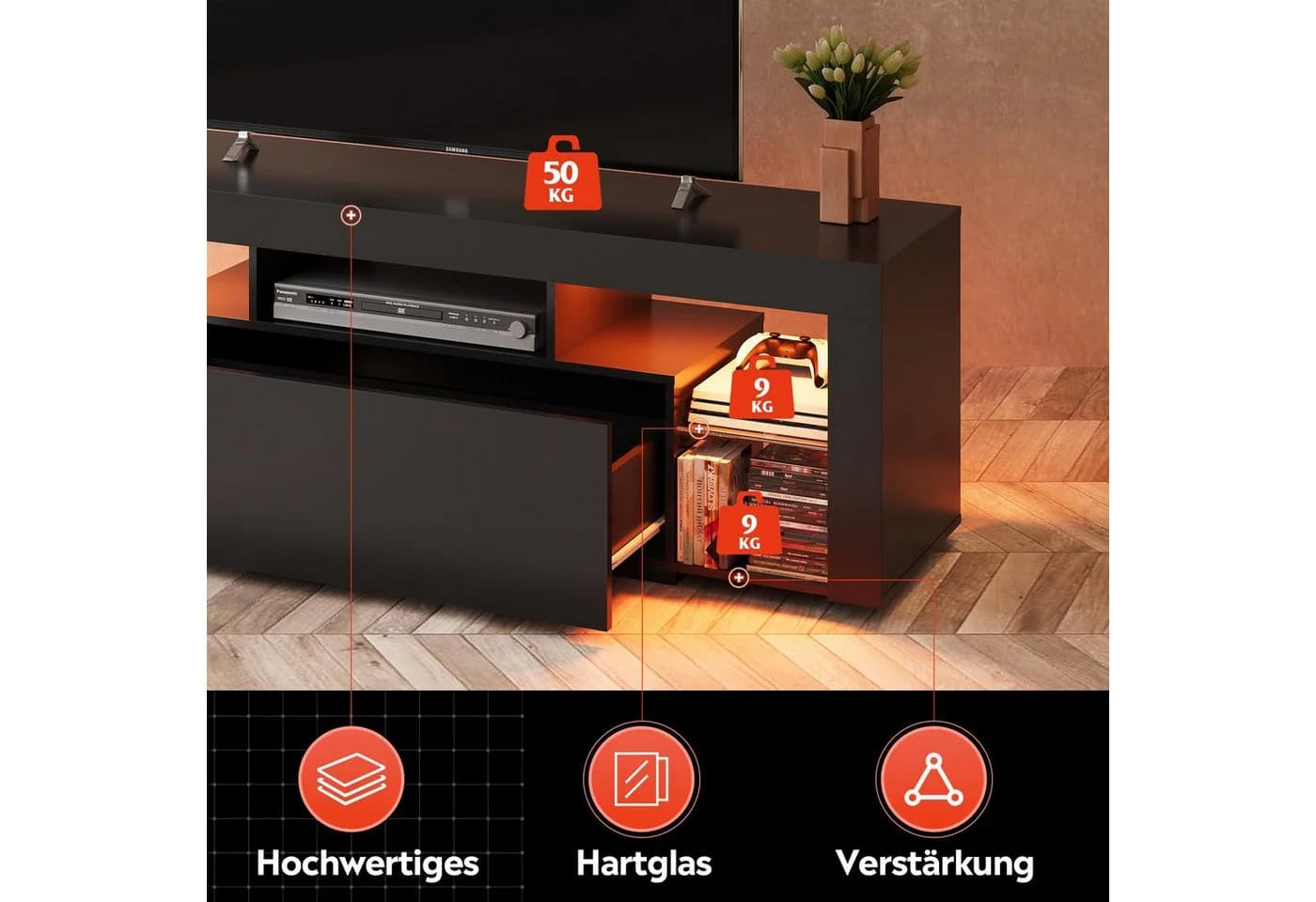 WLIVE TV-Schrank 135 cm Lowboard mit RGB-LED für Fernseher bis 70 Zoll Schwarz - Bild 5
