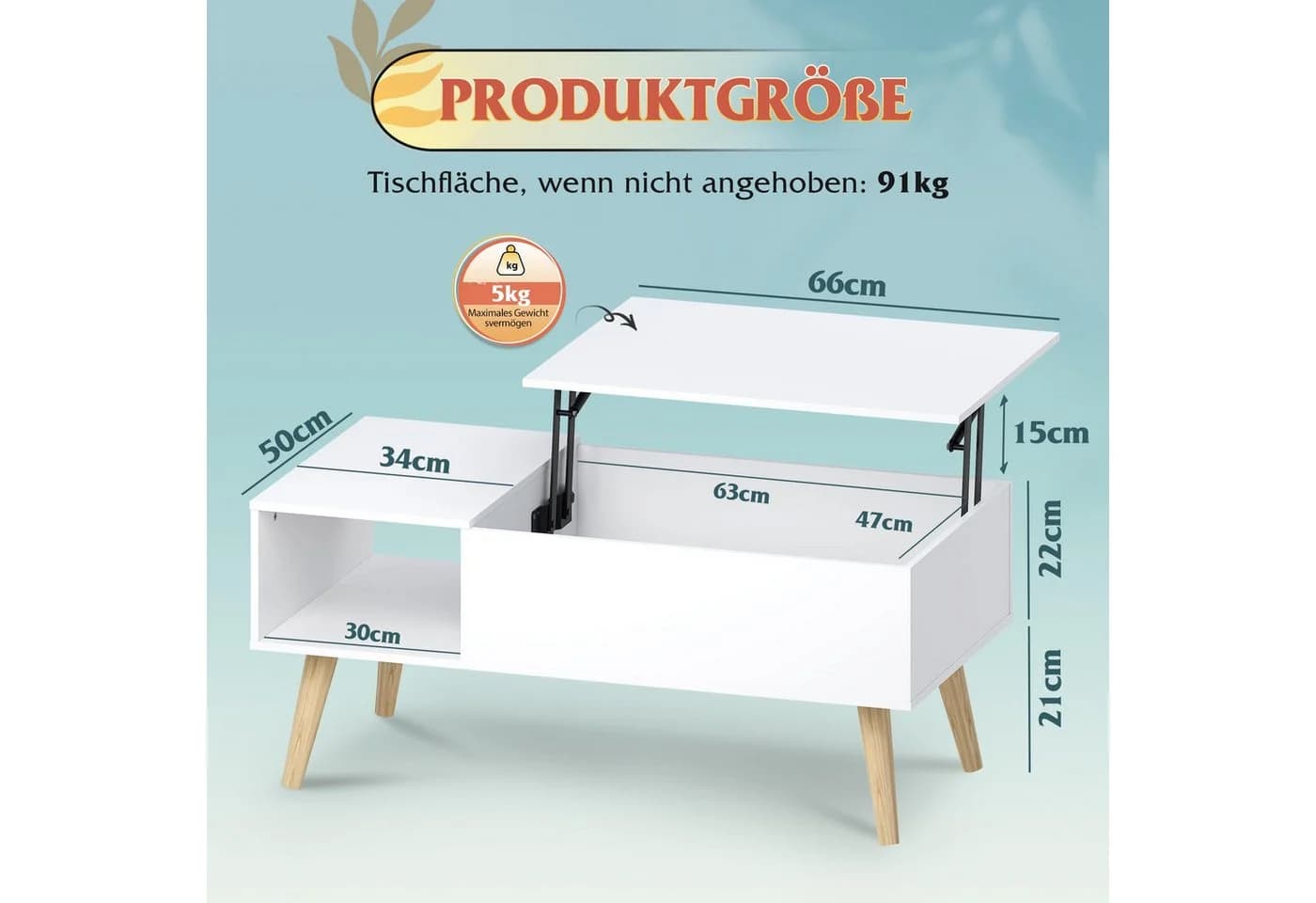 WLIVE Couchtisch Höhenverstellbarer Couchtisch mit Stauraum, Lift-Top-Design, Holzoptik & Metallrahmen - Bild 3