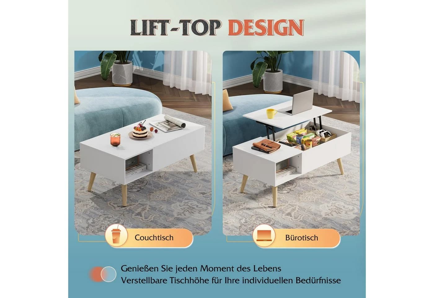 WLIVE Couchtisch Höhenverstellbarer Couchtisch mit Stauraum, Lift-Top-Design, Holzoptik & Metallrahmen - Bild 4