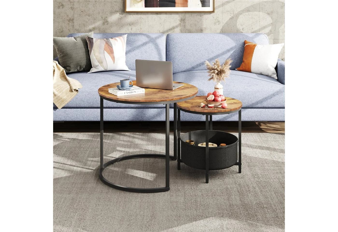 WLIVE Couchtisch 2er-Set rund mit Stauraum, Beistelltisch mit Stoffkorb & Metallgestell, Holzoptik