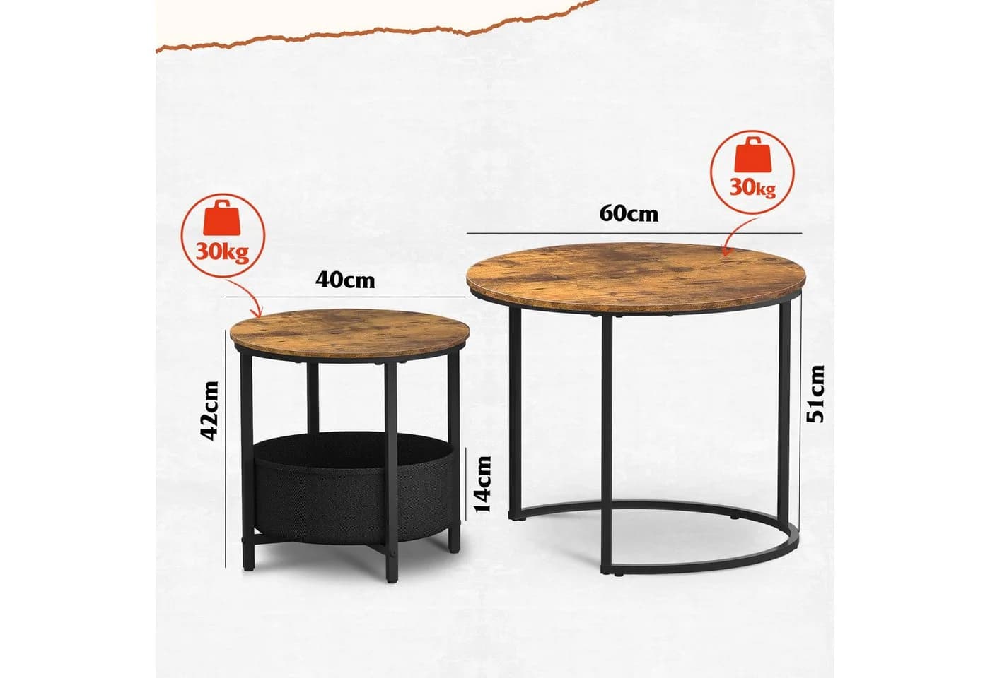 WLIVE Couchtisch 2er-Set rund mit Stauraum, Beistelltisch mit Stoffkorb & Metallgestell, Holzoptik - Bild 3
