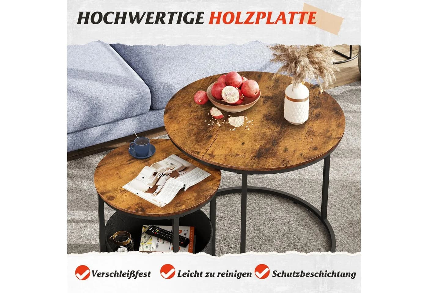 WLIVE Couchtisch 2er-Set rund mit Stauraum, Beistelltisch mit Stoffkorb & Metallgestell, Holzoptik - Bild 4