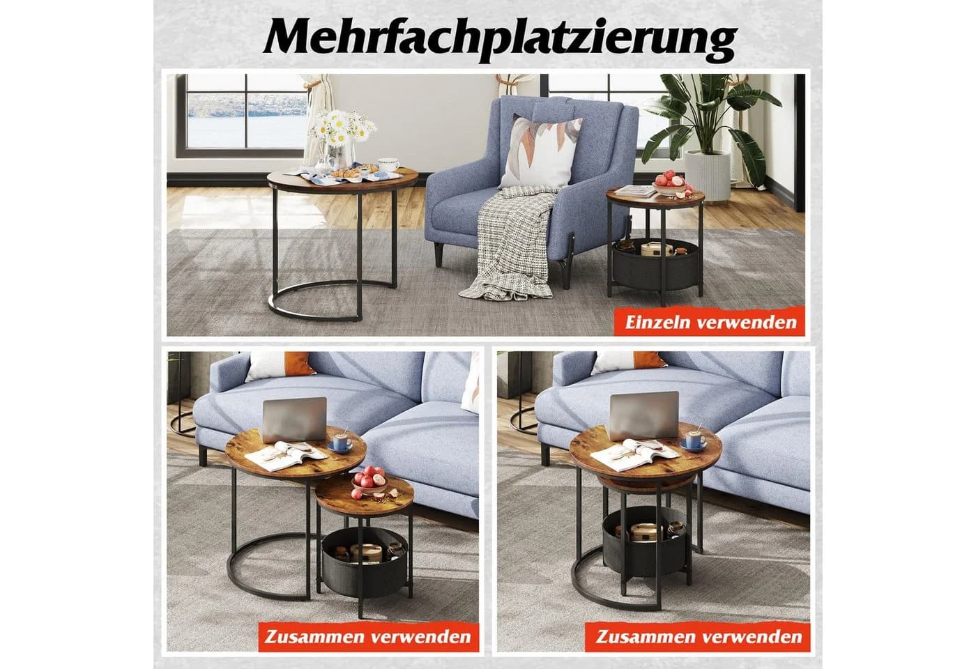 WLIVE Couchtisch 2er-Set rund mit Stauraum, Beistelltisch mit Stoffkorb & Metallgestell, Holzoptik - Bild 5