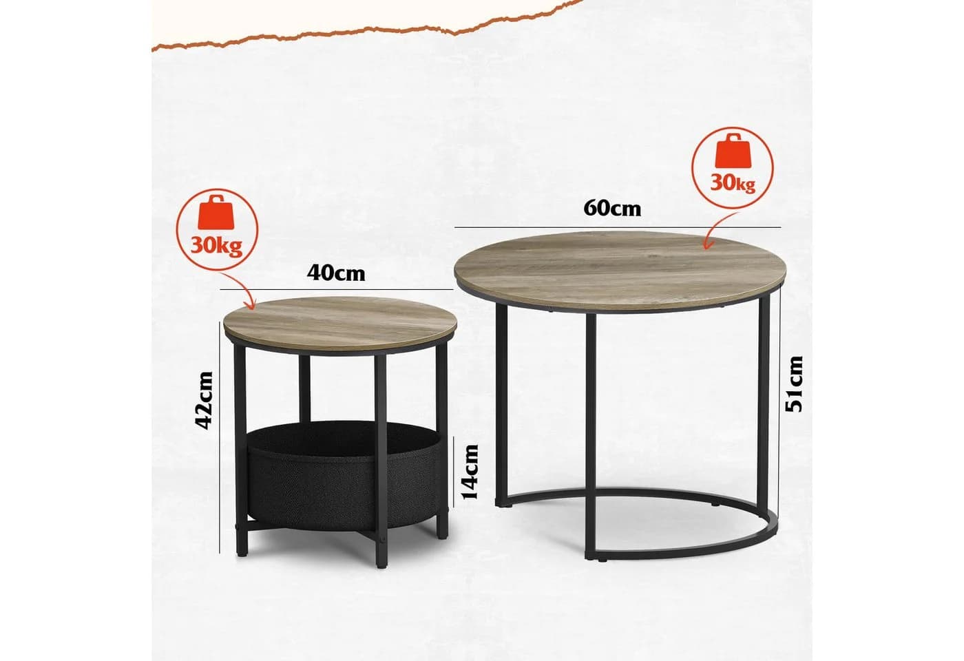 WLIVE Couchtisch 2er-Satz rund mit Stauraum, Beistelltisch mit Stoffkorb & Metallgestell, Holzoptik - Bild 3