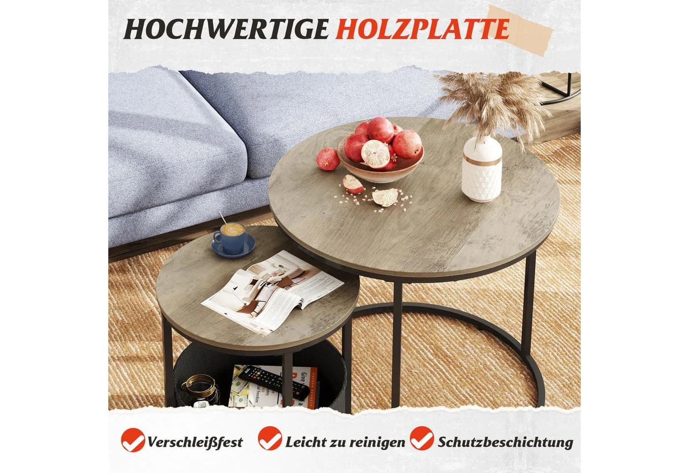 WLIVE Couchtisch 2er-Satz rund mit Stauraum, Beistelltisch mit Stoffkorb & Metallgestell, Holzoptik - Bild 4