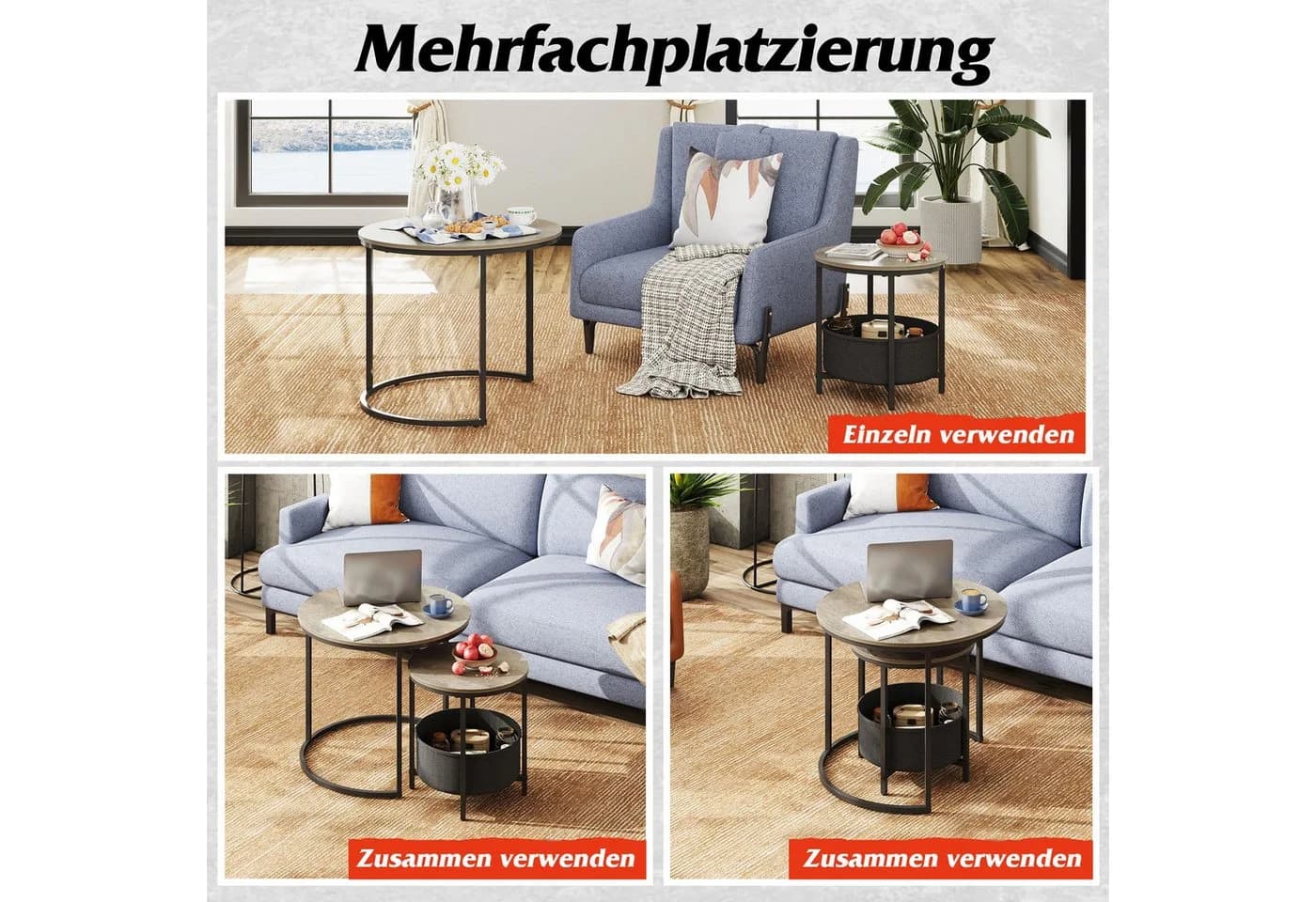 WLIVE Couchtisch 2er-Satz rund mit Stauraum, Beistelltisch mit Stoffkorb & Metallgestell, Holzoptik - Bild 5