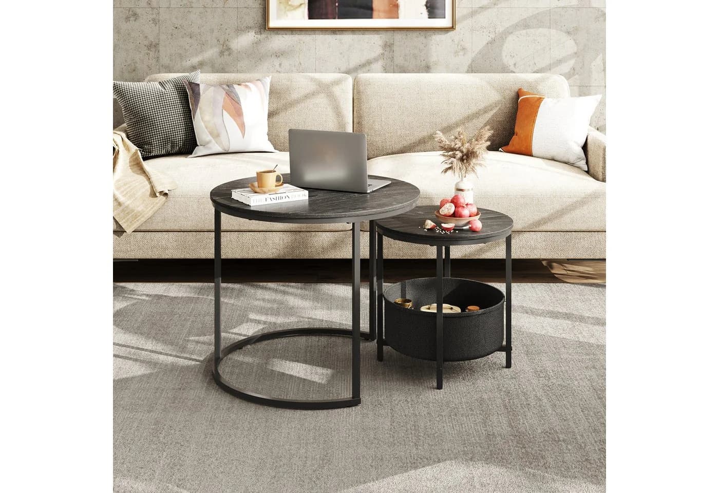 WLIVE Couchtisch 2er-Satz mit Stauraum, Holzoptik, 2 in 1 Verschachtelung