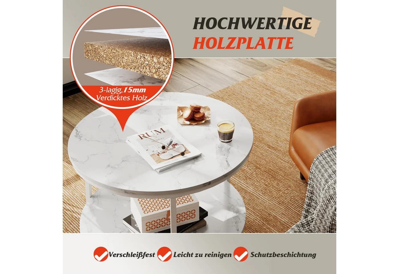 WLIVE Couchtisch Rund 2 Ebenen Marmorweiß Metallgestell - Bild 4