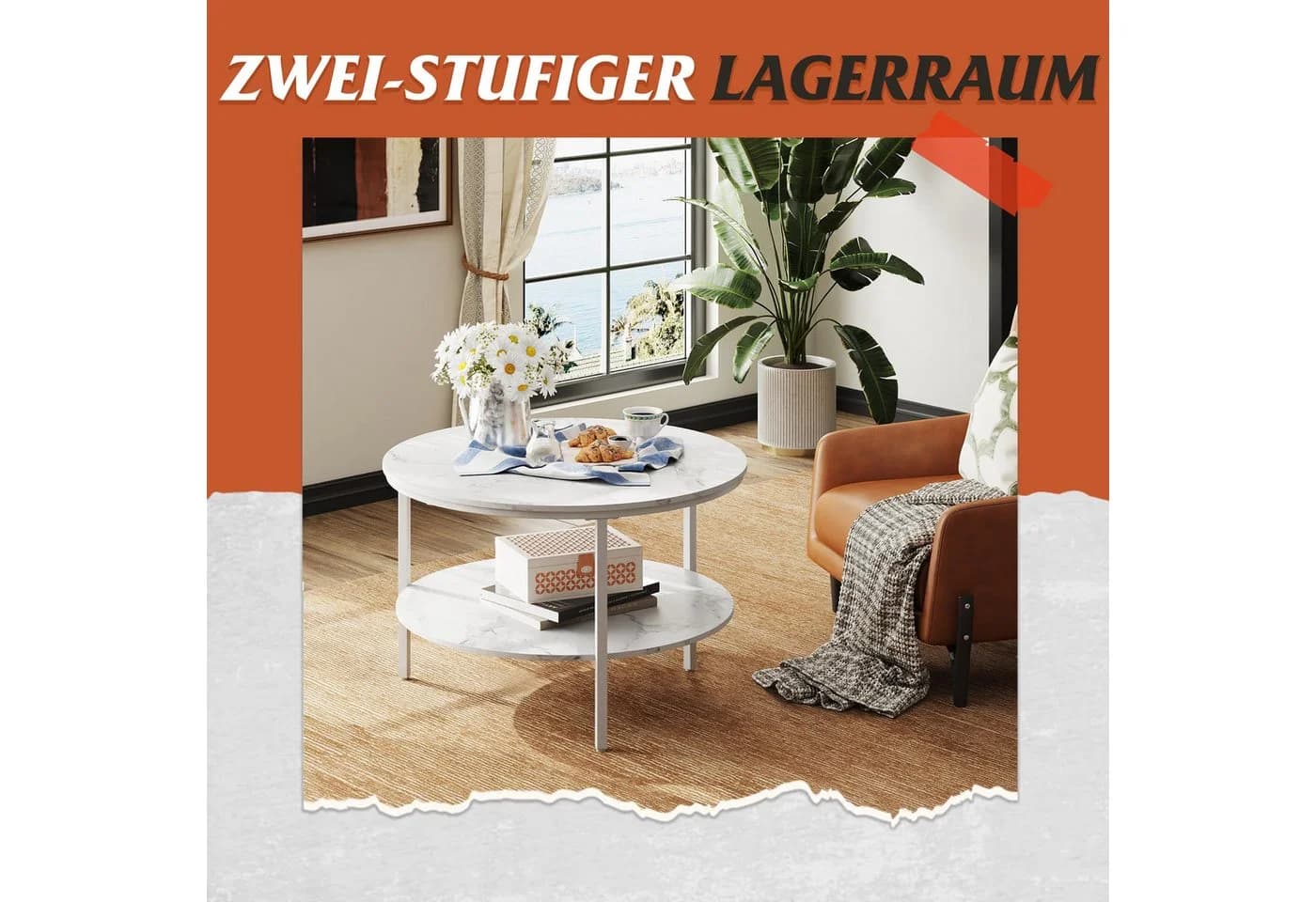 WLIVE Couchtisch Rund 2 Ebenen Marmorweiß Metallgestell - Bild 5