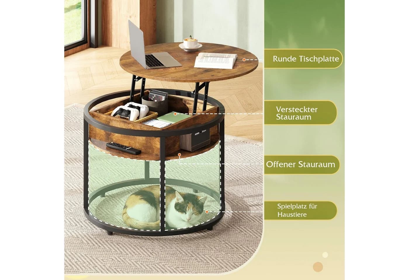 WLIVE Couchtisch Höhenverstellbarer Runder 2-facher Stauraum & Ablage - Bild 5