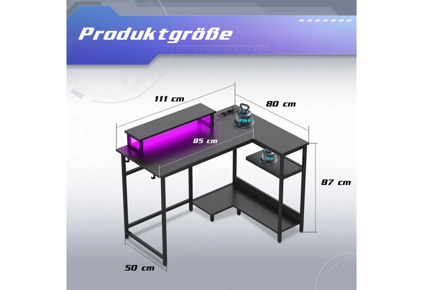 DEVAISE L-förmiger Gaming-Schreibtisch LED-Licht - Bild 3