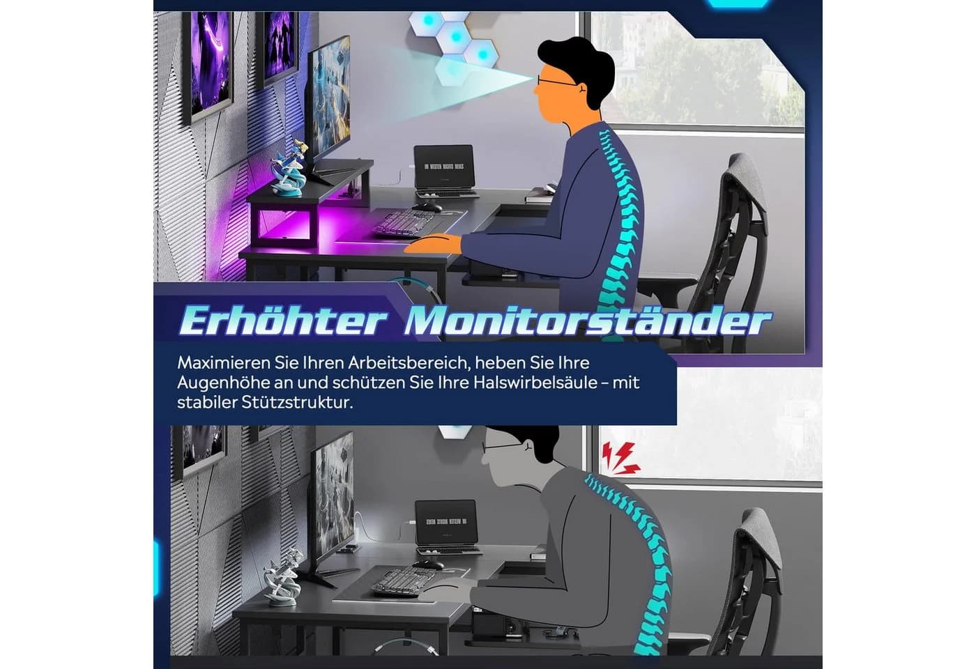 DEVAISE L-förmiger Gaming-Schreibtisch LED-Licht - Bild 5