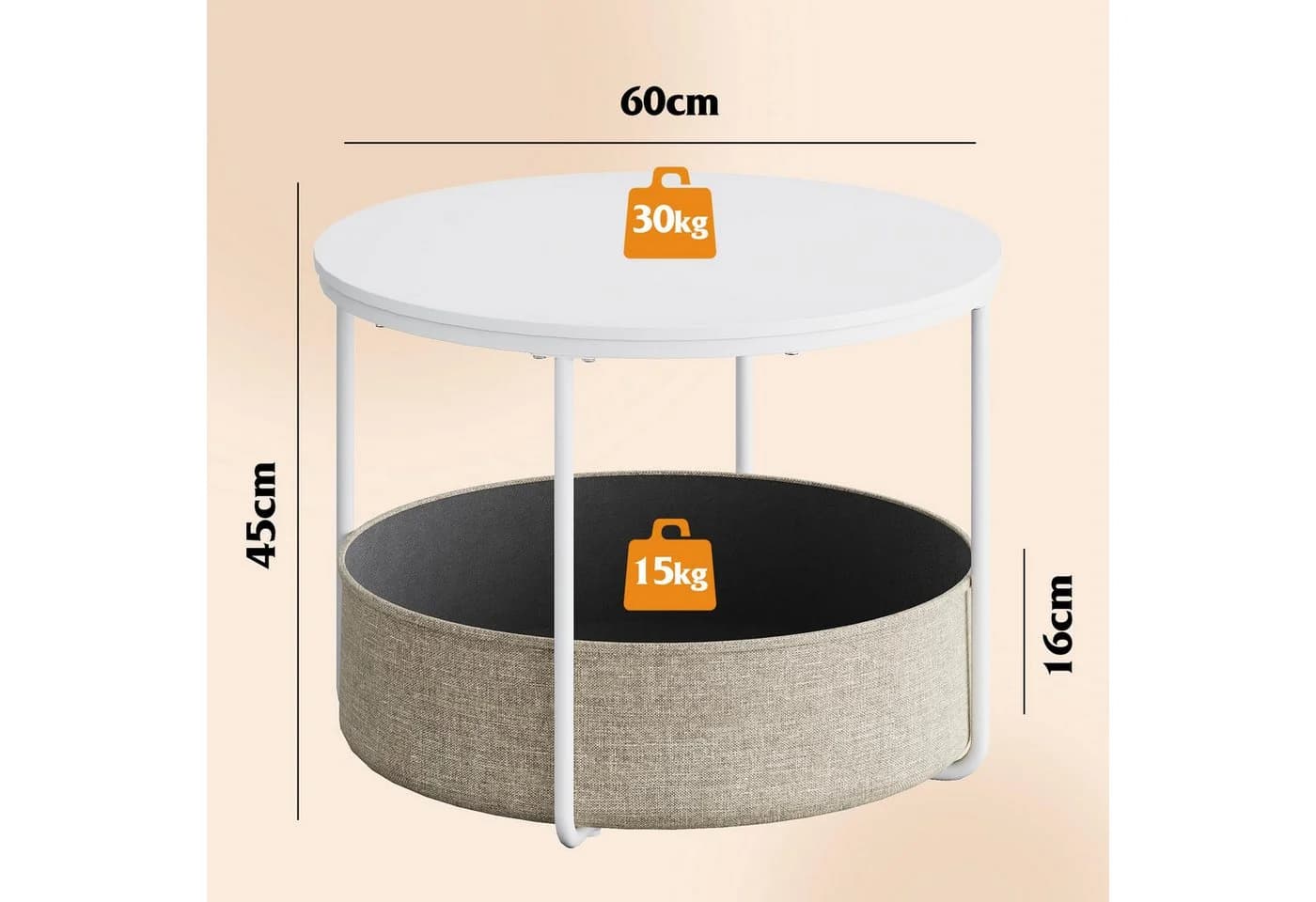 WLIVE Couchtisch rund, Beistelltisch mit Stoffkorb, Aufbewahrung, Weiß matt - Bild 3