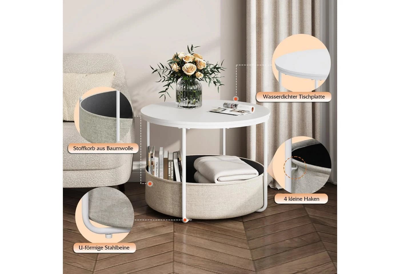 WLIVE Couchtisch rund, Beistelltisch mit Stoffkorb, Aufbewahrung, Weiß matt - Bild 4