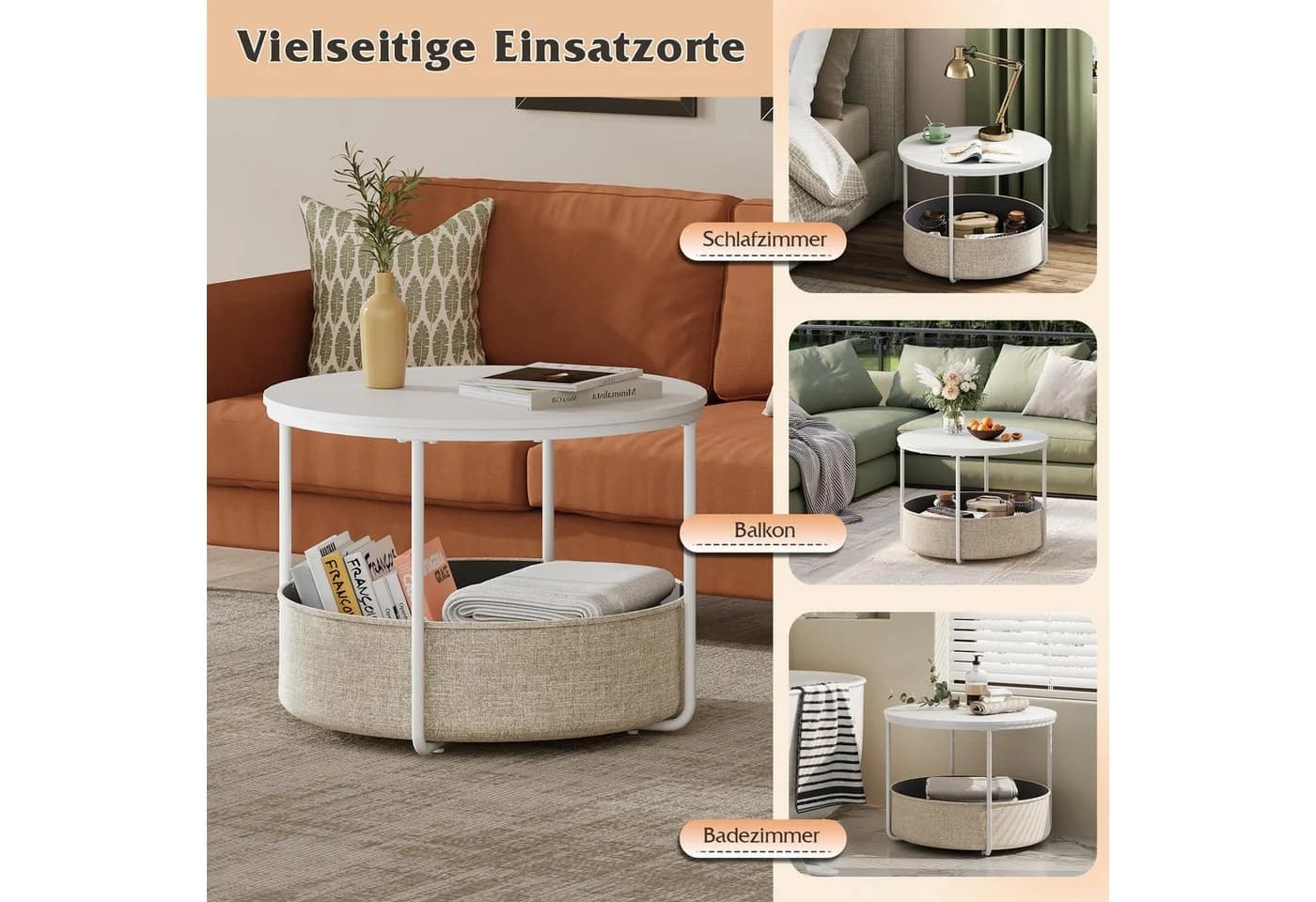 WLIVE Couchtisch rund, Beistelltisch mit Stoffkorb, Aufbewahrung, Weiß matt - Bild 5