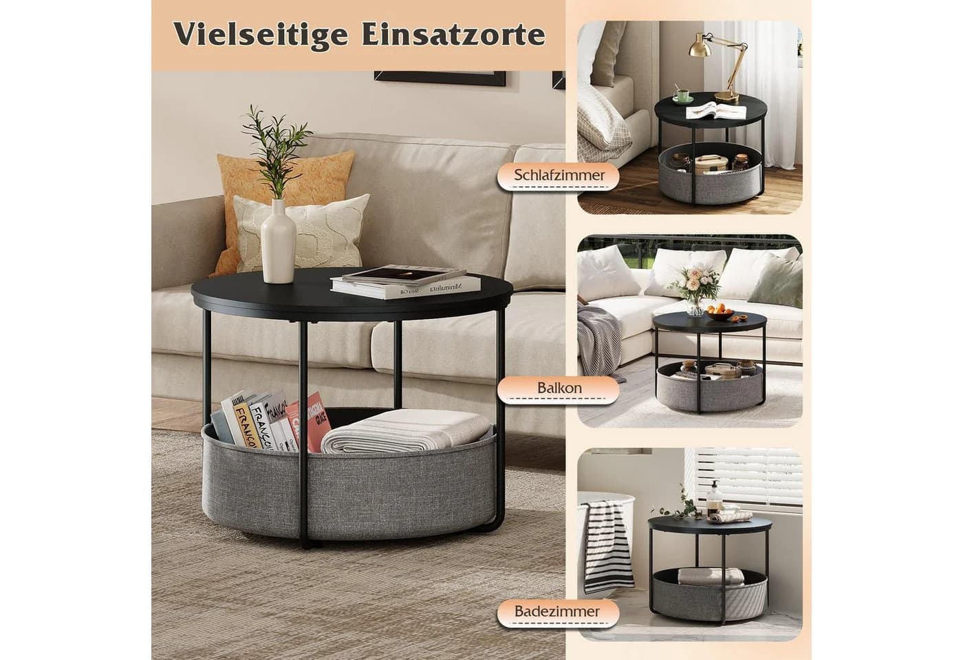 WLIVE Couchtisch rund, Beistelltisch mit Stoffkorb, Aufbewahrung, Weiß matt - Bild 5