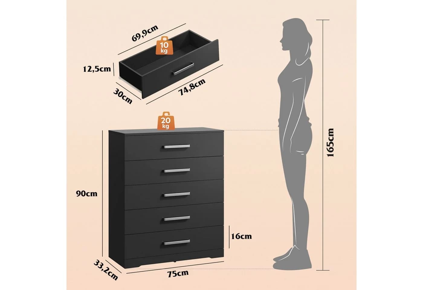 WLIVE Kommode mit 5 Schubladen, Vielseitiger Schubladenschrank für Schlafzimmer, Flur & Kinderzimmer