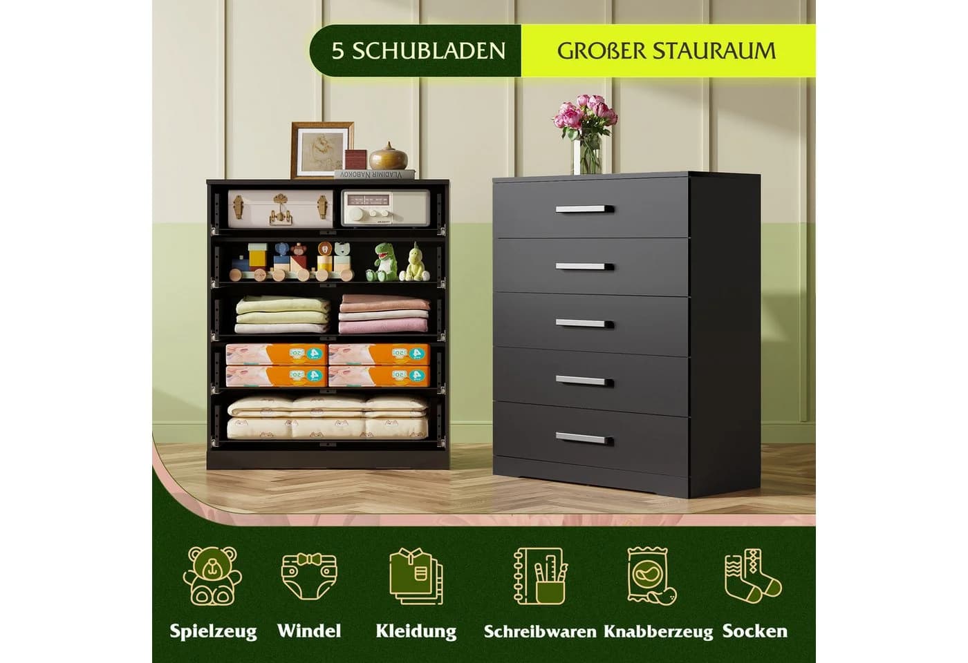 WLIVE Kommode mit 5 Schubladen, Vielseitiger Schubladenschrank für Schlafzimmer, Flur & Kinderzimmer - Bild 3
