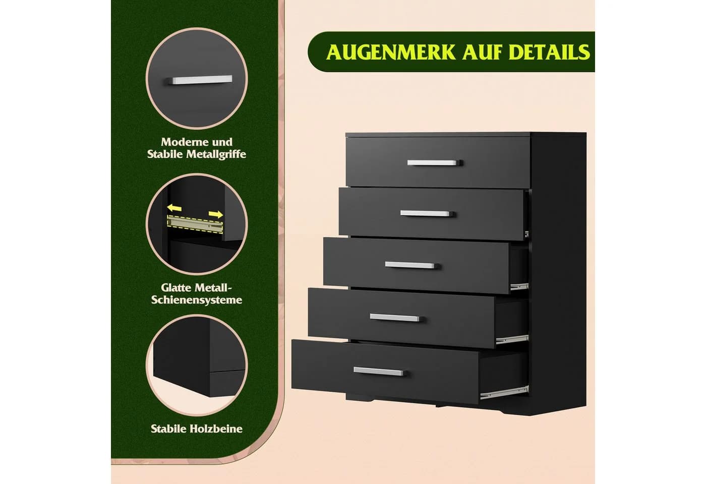 WLIVE Kommode mit 5 Schubladen, Vielseitiger Schubladenschrank für Schlafzimmer, Flur & Kinderzimmer - Bild 4