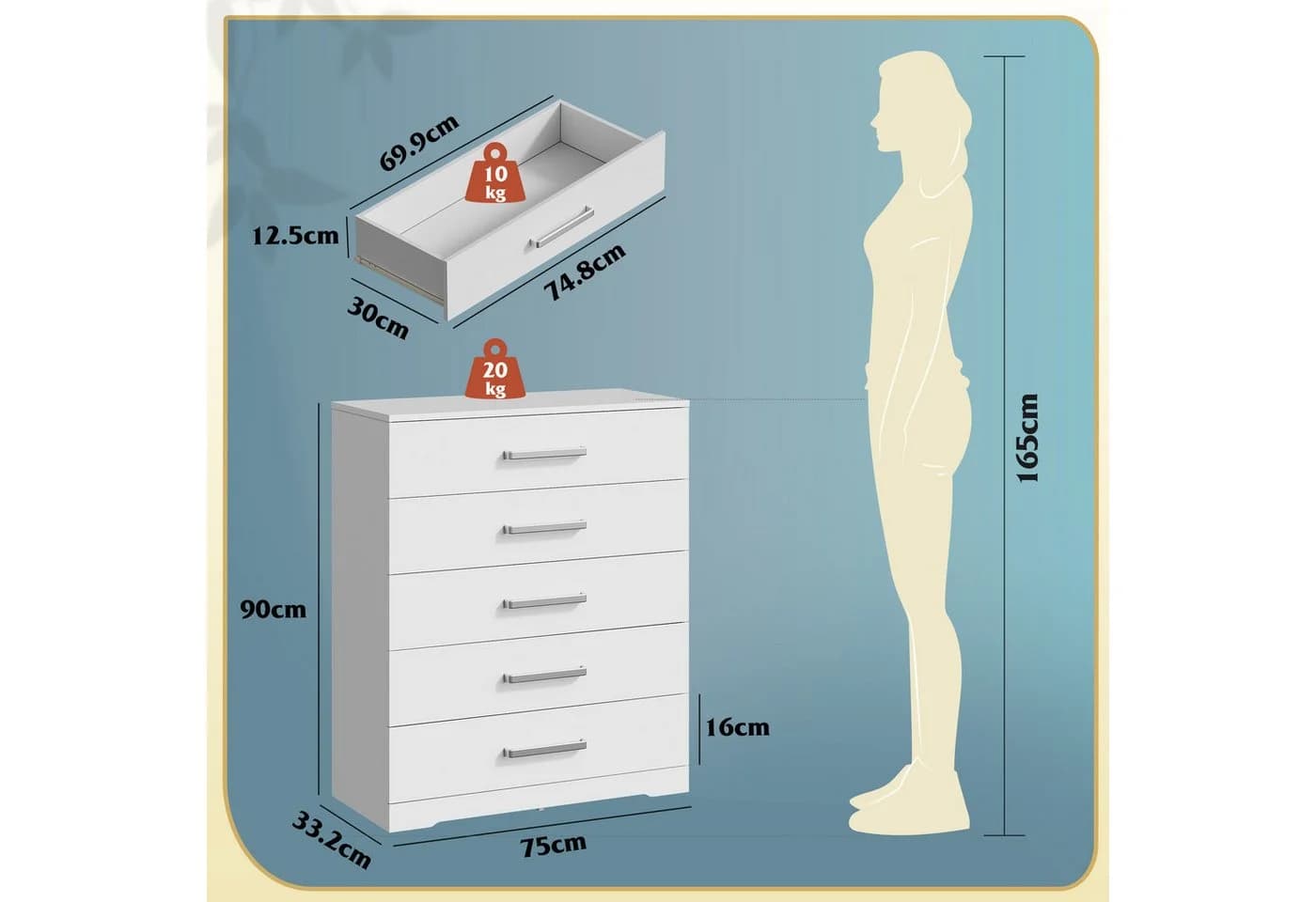 WLIVE Kommode mit 5 Schubladen, Vielseitiger Schubladenschrank für Schlafzimmer, Flur & Kinderzimmer - Bild 3