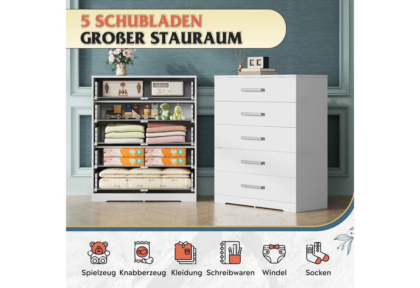 WLIVE Kommode mit 5 Schubladen, Vielseitiger Schubladenschrank für Schlafzimmer, Flur & Kinderzimmer - Bild 4