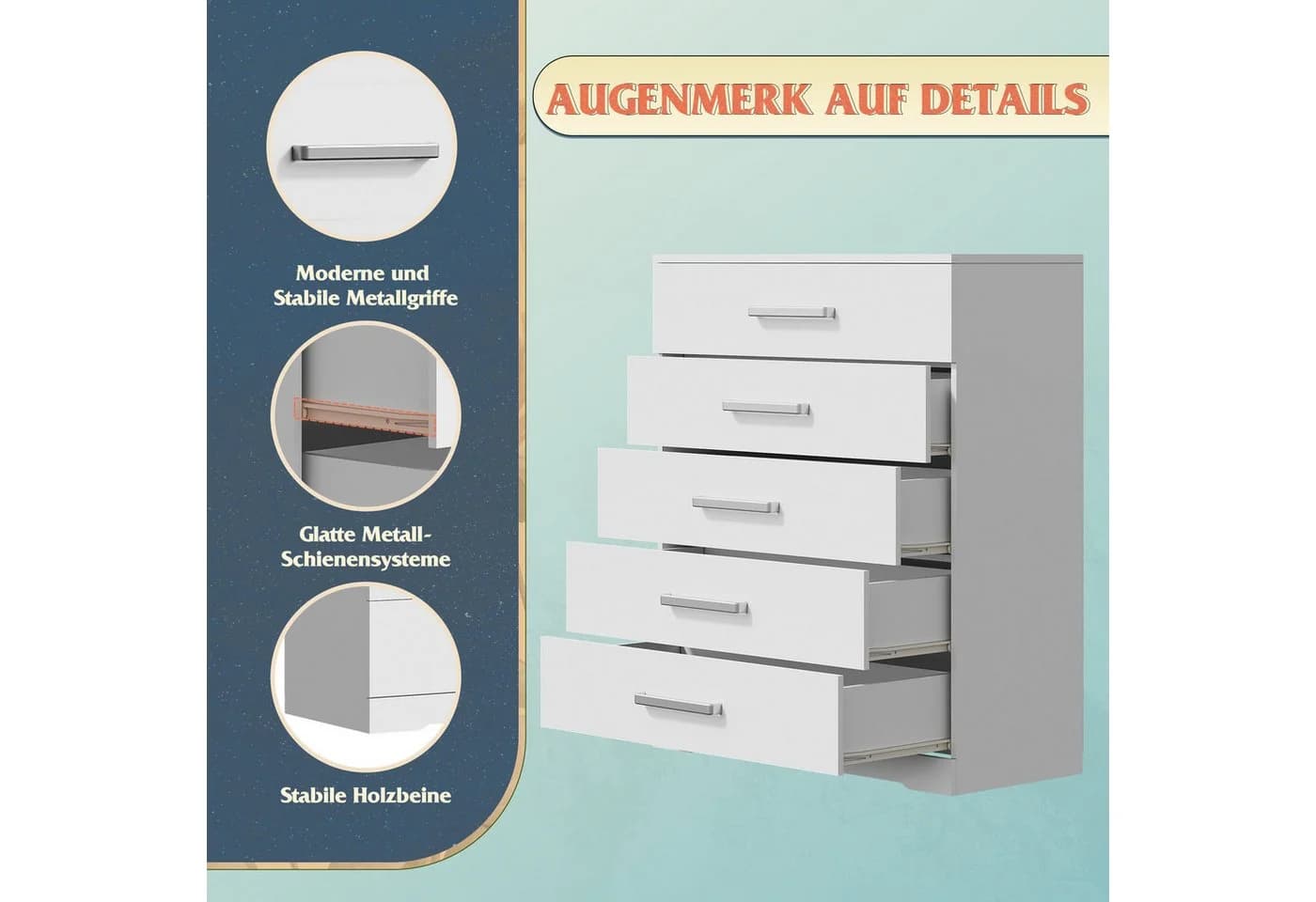 WLIVE Kommode mit 5 Schubladen, Vielseitiger Schubladenschrank für Schlafzimmer, Flur & Kinderzimmer - Bild 5