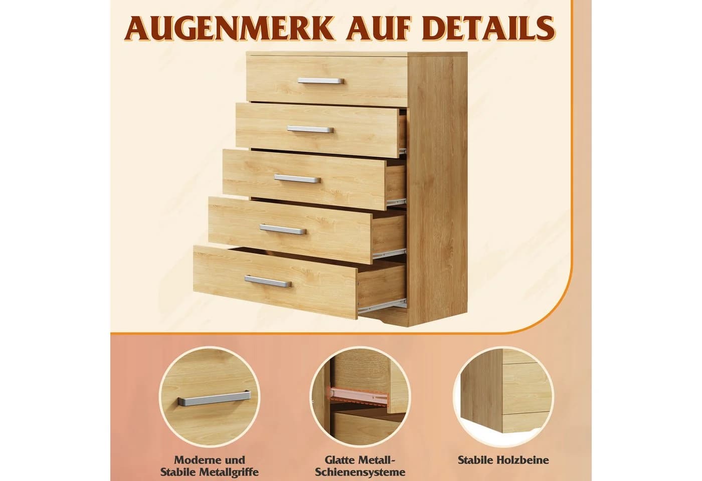 WLIVE Kommode 5 Schubladen Eiche-Optik - Bild 5