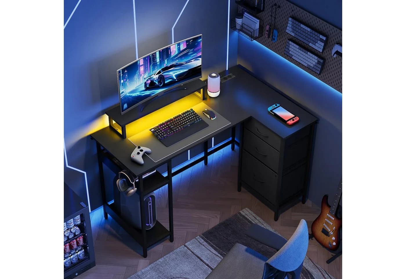 DEVAISE L-förmiger Gaming-Schreibtisch mit LED-Beleuchtung