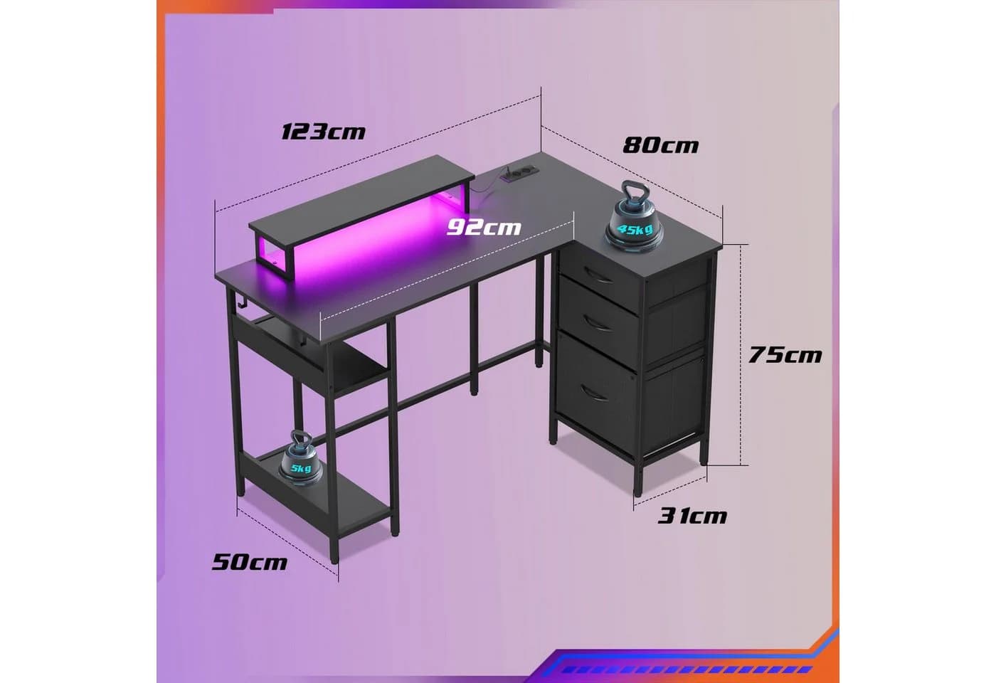 DEVAISE L-förmiger Gaming-Schreibtisch mit LED-Beleuchtung - Bild 3