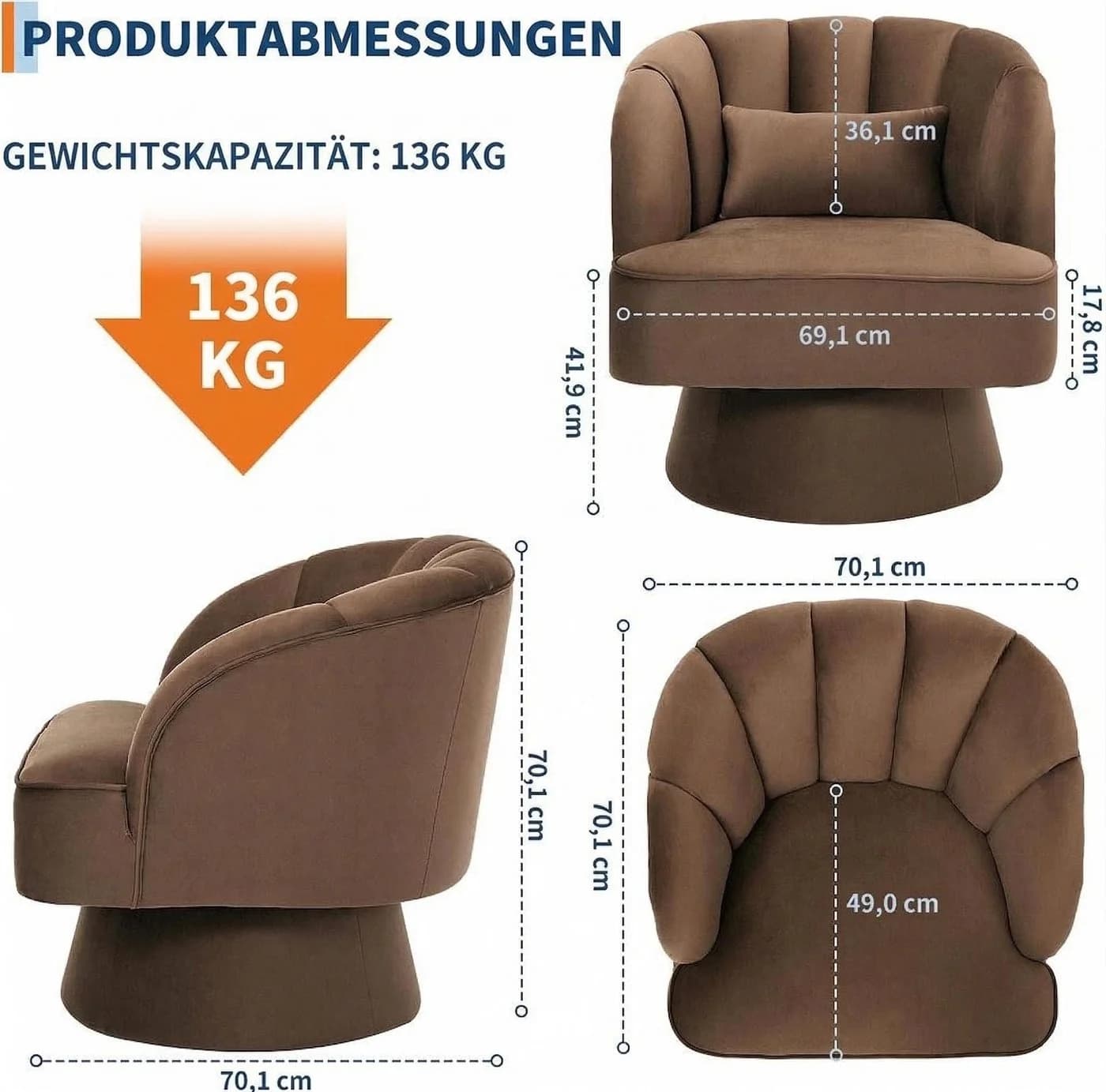GarveeMore Sessel 360° drehbar Braun Samtbezug Mid-Century - Bild 1