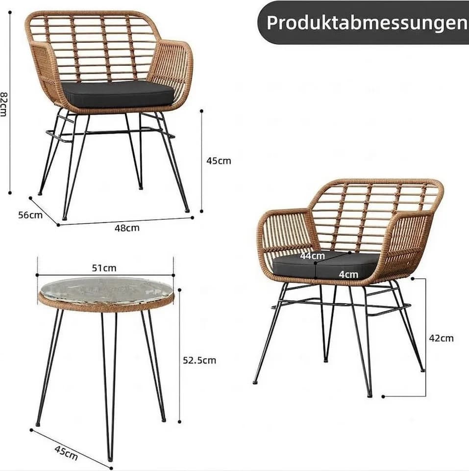GarveeMore Balkonset 3-tlg. Braun Rattan Metall mit Glas