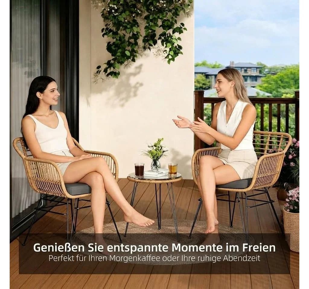 GarveeMore Balkonset 3-tlg. Braun Rattan Metall mit Glas - Bild 5
