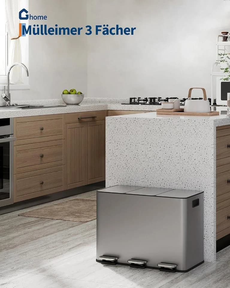 GarveeMore Mülleimer Küche 3x15L Edelstahl Softclose Grau