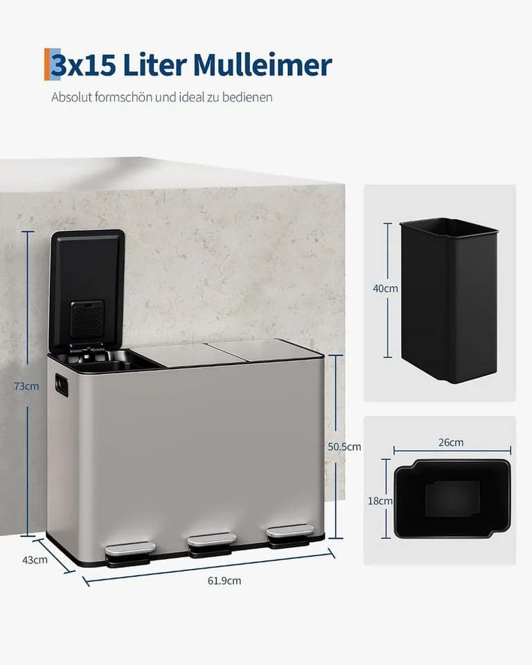 GarveeMore Mülleimer Küche 3x15L Edelstahl Softclose Grau - Bild 5